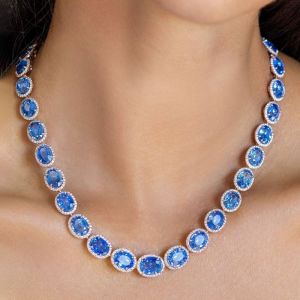 Halo Oval Cut Blue Sapphire Tennis Necklace For Women