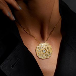 Golden Art Deco Round Cut White Sapphire Silver Pendant Necklace For Women