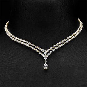 Golden Classic Two Row Pear Cut White Pendant Necklace For Women