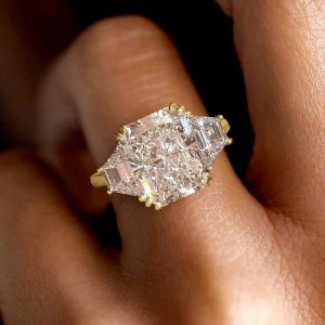 Golden Classic Three Stone White Sapphire Radiant Cut Engagement Ring For Women Next Jewelry