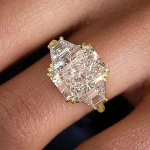 Golden Classic Three Stone White Sapphire Radiant Cut Engagement Ring For Women 