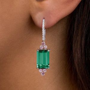 Two Tone Emerald cut Emerald Sapphire Drop Earrings For Women