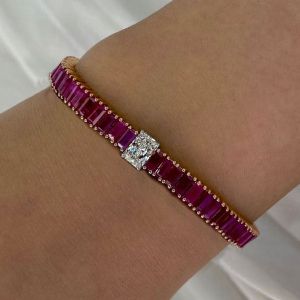 Rose Gold Radiant Cut Ruby Sapphire Tennis Bracelet For Women