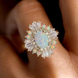 Art Deco Golden Oval Cut Opal Engagement Ring For Women