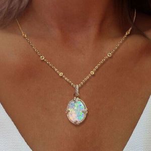 Golden Oval Cut Opal Pendant Necklace For Women