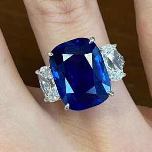 Three Stone Cushion Cut Blue Sapphire Engagement Ring For Women