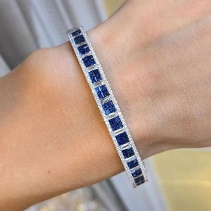 Classic Princess Cut Blue Sapphire Bangle For Women