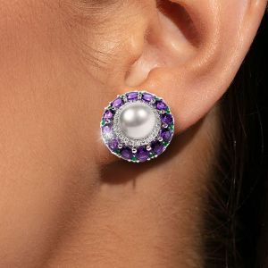 Halo Round Pearl & Amethyst Sapphire Stud Earrings For Women Next Jewelry