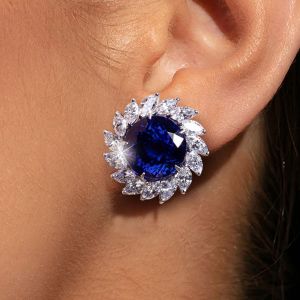 Halo Round Cut Blue Sapphire Stud Earrings For Women Next Jewelry