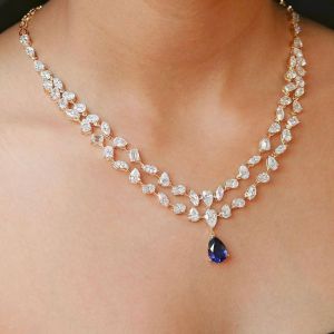 Golden Double Row Pear Cut Blue Sapphire Necklace For Women Next Jewelry