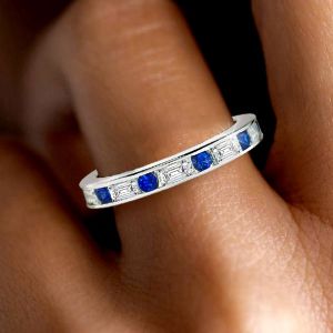 Baguette & Round Cut Blue Sapphire Wedding Band For Women Next Jewelry