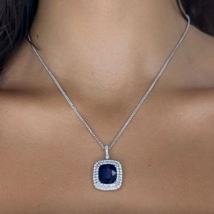 Double Halo Cushion Cut Blue Sapphire Jewelry Pendant Wedding Necklace For Women Next Jewelry