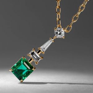 Golden Unique Emerald Cut Emerald Sapphire Pendant Necklace For Women