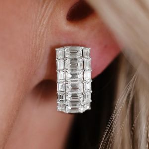 Classic Three Row Emerald Cut White Sapphire Hoop Earrings For Women