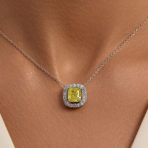 Two Tone Halo Cushion Cut Yellow Sapphire Pendant Wedding Necklace For Women Next Jewelry