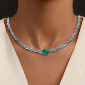 Two Tone Emerald Cut Emerald & Aquamarine Sapphire Tennis Necklace For Women