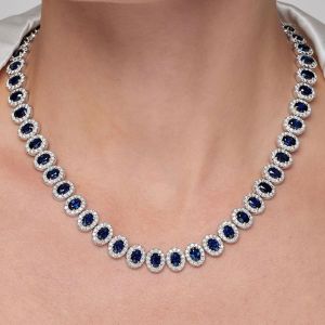 Halo Oval Cut Blue Sapphire Tennis Wedding Necklace For Women Next Jewelry