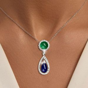 Halo Two Tone Round & Pear Cut Emerald & Blue Sapphire Pendant Wedding Necklace For Women Next Jewelry