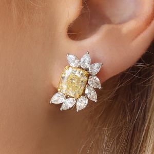 Two Tone Half Halo Cushion Cut Yellow Sapphire Stud Earrings For Women