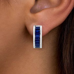 Emerald Cut Blue Sapphire Hoop Earrings Women's Jewelry 