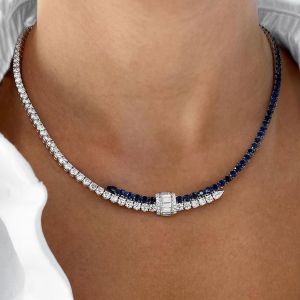 Two Tone Round Cut Blue Sapphire Tennis Necklace For Women