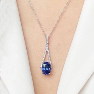 Oval Cut Blue Sapphire Pendant Wedding Necklace For Women