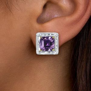 Two Tone Halo Asscher Cut Amethyst Sapphire Stud Earrings For Women Next Jewelry