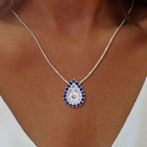 Two Tone Halo Pear Cut Blue Sapphire Pendant Wedding Necklace For Women Next Jewelry