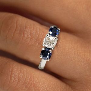 Golden Three Stone Cushion Cut White & Blue Sapphire Wedding Band For Women 