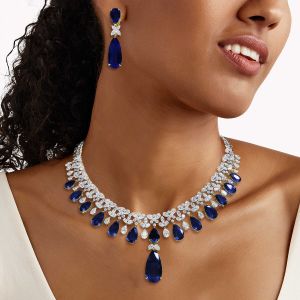 Pear Cut Blue Sapphire Necklace & Earrings Set For Women