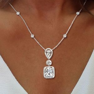 Halo Cushion Cut White Sapphire Pendant Necklace For Women