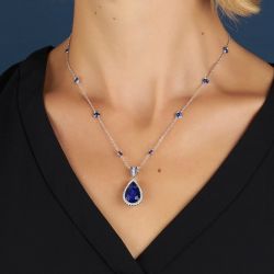 Halo Pear Cut Blue Pendant Necklace