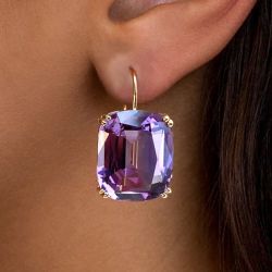 Golden Double Prong Cushion Cut Purple Drop Earrings