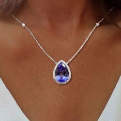 Halo Pear Cut Violet Blue Created Sapphire Pendant Necklace