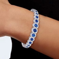 Vintage Two Tone Halo Round Cut Royal Blue Sapphire Bracelet