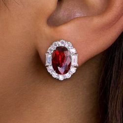 Classic Halo Oval Cut Ruby Sapphire Stud Earrings