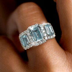 Three Stone Emerald Cut Aquamarine Sapphire Engagement Ring