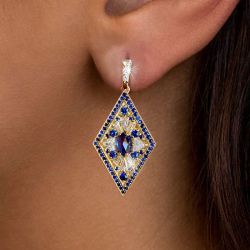 Golden Kite Shaped Blue Sapphire Drop Earrings For Women