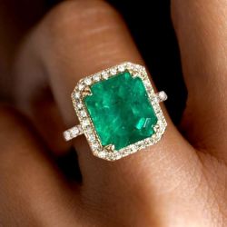 Gorgeous Golden Halo Asscher Cut Emerald Sapphire Engagement Ring