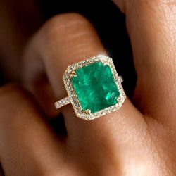 Gorgeous Golden Halo Asscher Cut Emerald Sapphire Engagement Ring