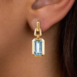 Art Deco Golden Emerald Cut Aquamarine Sapphire Drop Earrings For Women