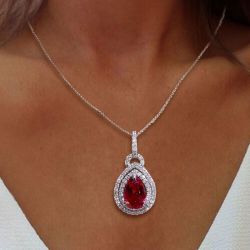 Gorgeous Double Halo Pear Cut Ruby Sapphire Pendant Necklace