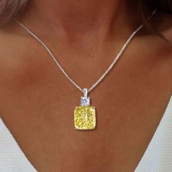 Two Tone Radiant Cut Yellow Sapphire Pendant Necklace