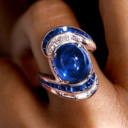 Vivid Cabochon Oval Cut Blue Sapphire Engagement Ring