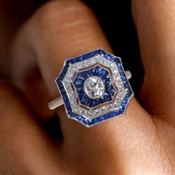 Art Deco Halo Oval Cut White & Blue Sapphire Engagement Ring For Women