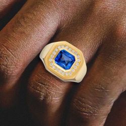 Golden Halo Radiant Cut Blue Sapphire Ring For Men 