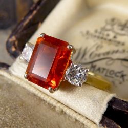 Two Tone Three Stone Emerald Cut Light Garnet Engagement Ring