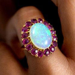 Golden Amethyst Halo Oval Cut Opal Engagement Ring