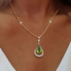 Antique Golden Pear Cut Peridot Sapphire Pendant Necklace