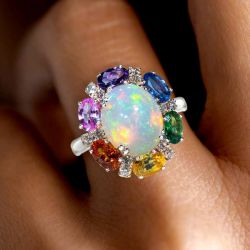 Rainbow Halo Oval Cut Opal Engagement Ring For Women Next Jewelry